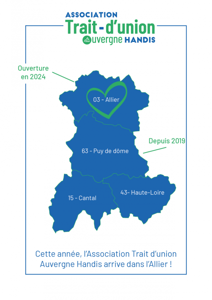 Carte de l'Auvergne montrant l'arrivée de l'Association Trait d'union Auvergne dans l'Allier.