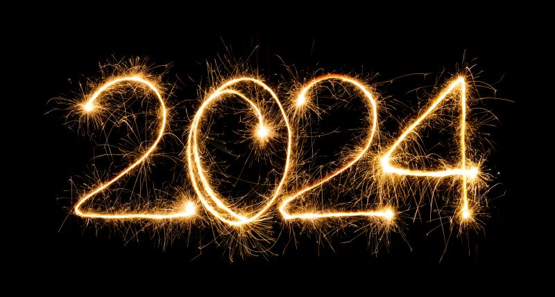 Bonne année 2024. Le nombre 2024 est écrit en doré