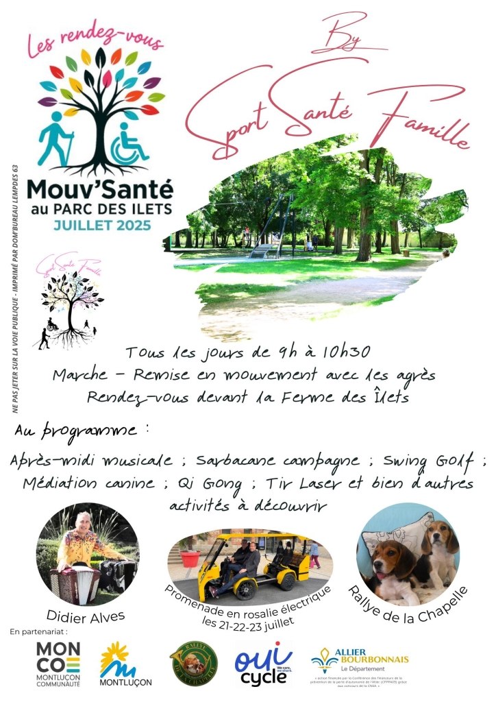 Mouv'Santé affiche des activités du mois de juillet 2025 proposées par l'association Sport Sante Famille Montluçon 03
