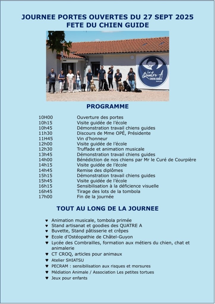 Programme de la Journée Portes Ouvertes de l'association les Quatre A le 27 septembre 2025