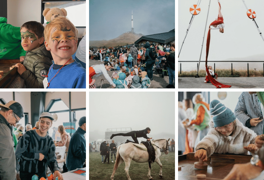 Ensemble de 6 photos. Photo 1 : enfants maquillés sur le visage avec des forme d'animaux. Photo 2 : Photo de groupe au pied du puy de dôme. Photo 3 membres de la compagnie Elixir. Photo 4 : Jeune home souriant qui joue avec un jeu ancien en bois. Photo 5 : Athlète d'équi voltige. Photo 6 : Enfant qui joue avec un jeu en bois